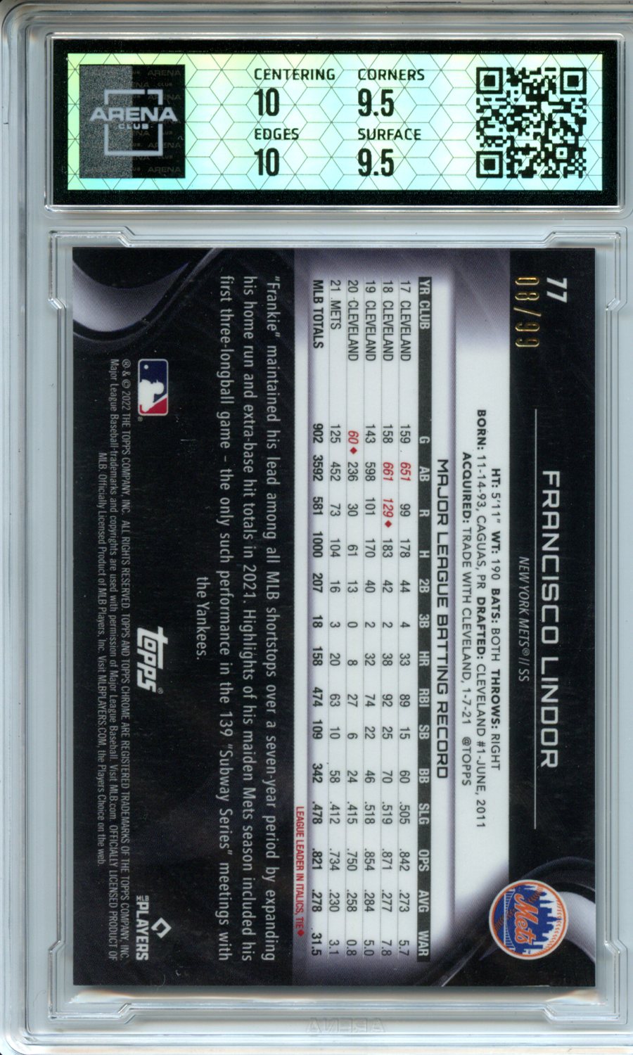 2022 #77 Francisco Lindor Green Atomic Refractors Arena Club 10 — Back