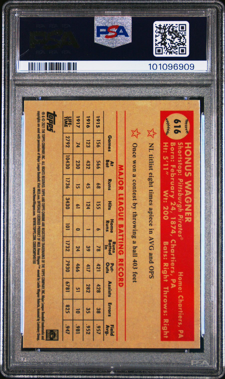 2021 Topps Chrome Platinum Anniversary #616 Honus Wagner PSA 9 — Back