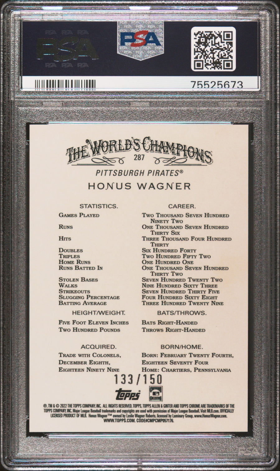 2022 Topps Allen & Ginter Chrome #287 Honus Wagner Blue Refractor PSA 10 — Back