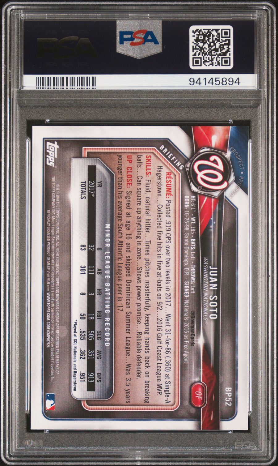 2023 Topps Archives Signature Series #BP52 Juan Soto 2018 PSA 7-9 — Back