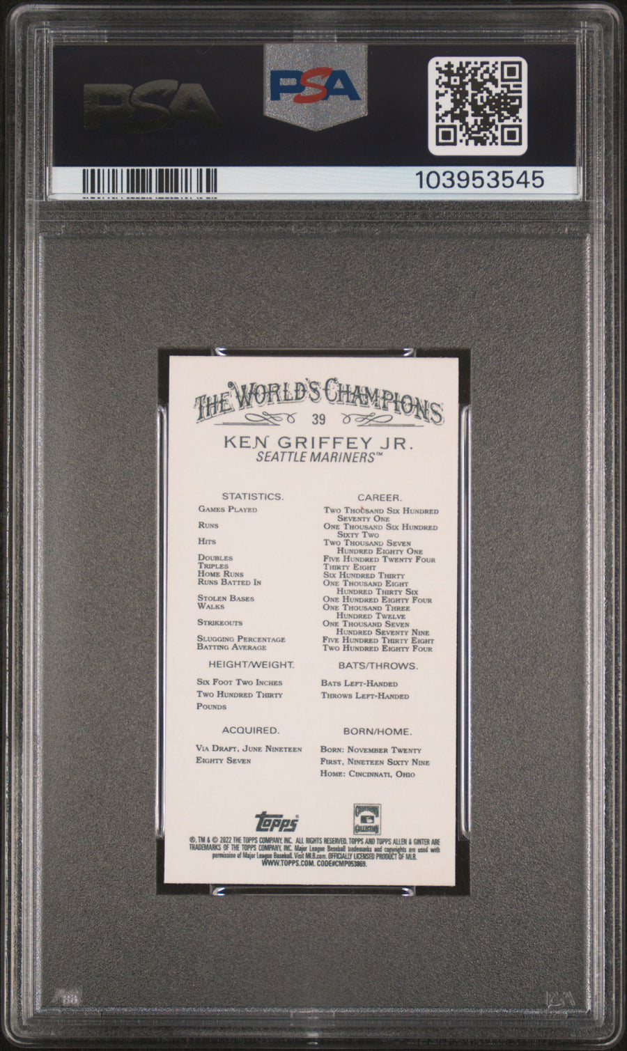 2022 Topps Allen & Ginter #39 Ken Griffey Jr. Mini-Black Border PSA 10 — Back