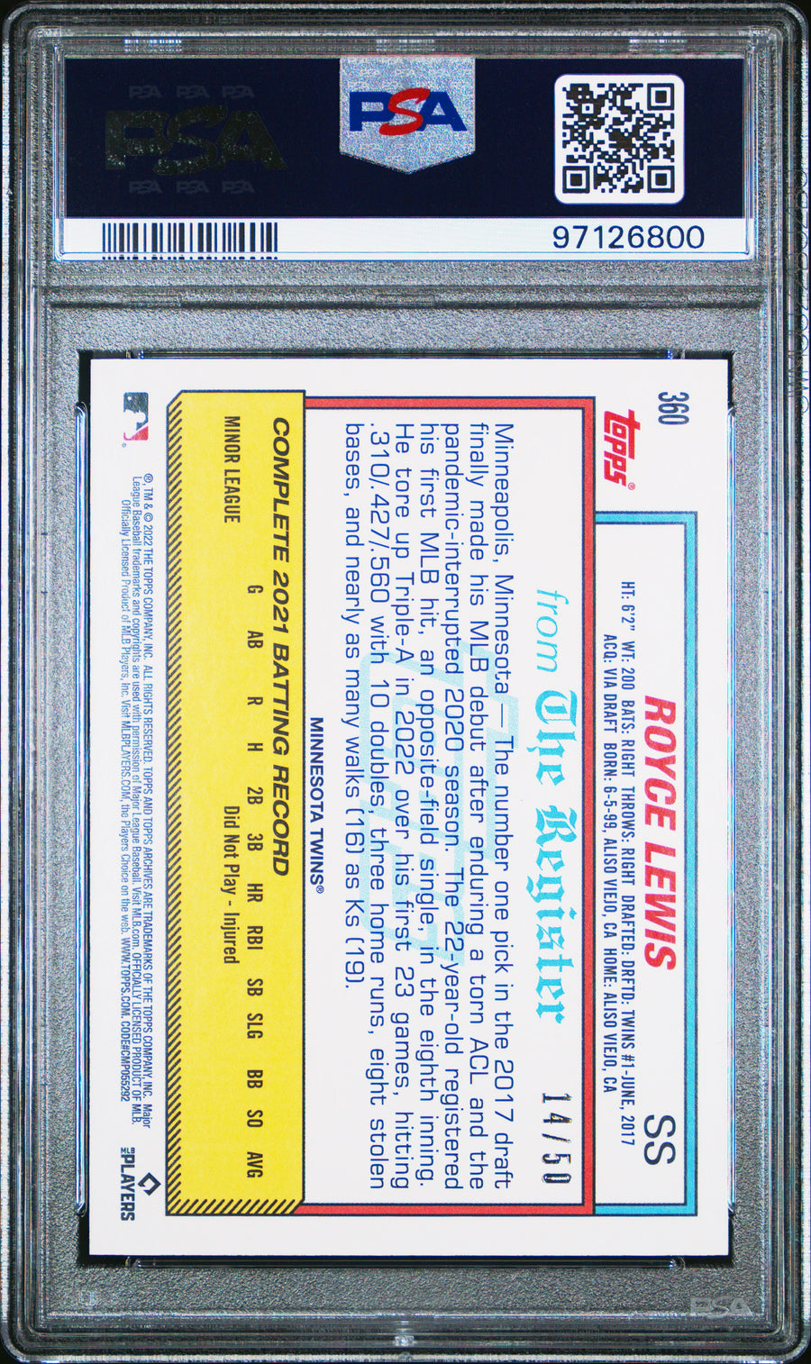 2022 Topps Archives #360 Royce Lewis Silver Foil RC PSA 8 — Back