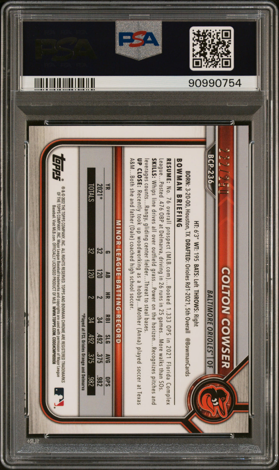 2022 Bowman Mega Box Chrome #236 Colton Cowser Purple Refractor PSA 8 — Back