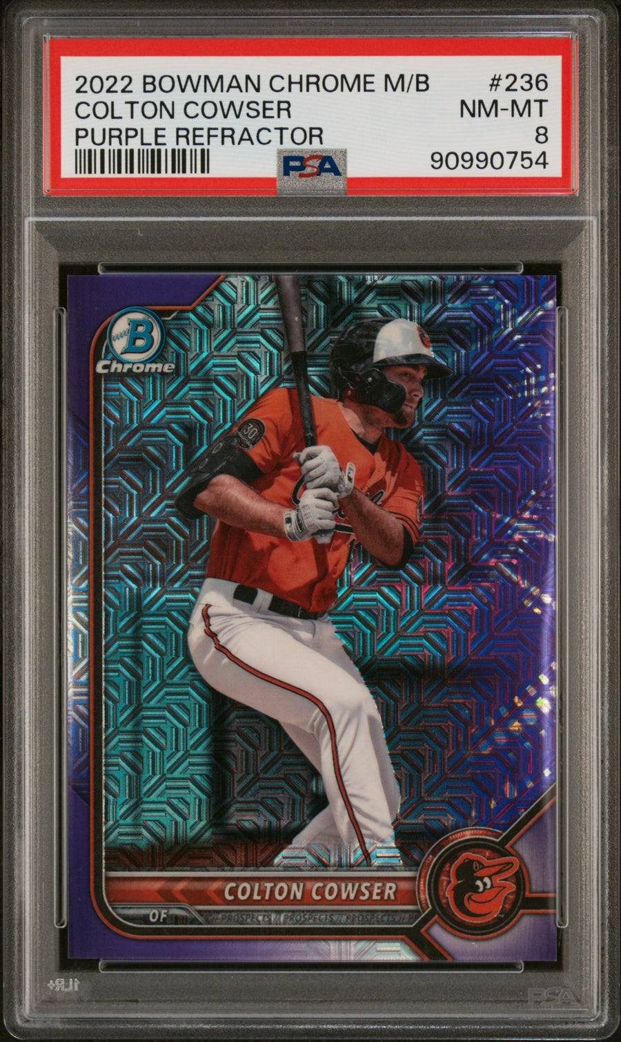 2022 Bowman Mega Box Chrome #236 Colton Cowser Purple Refractor PSA 8 — Front