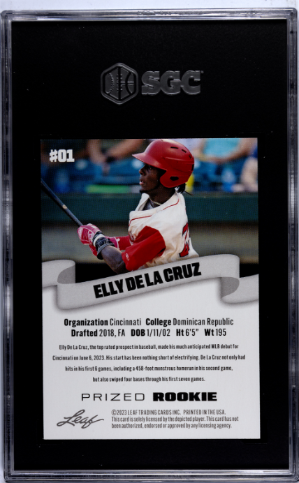 2023 Leaf #01 Elly De La Cruz Prized Rookie SGC 9.5 — Back