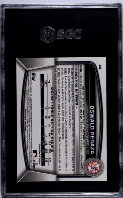 2023 Bowman Chrome #44 Oswald Peraza RC SGC 10 — Back