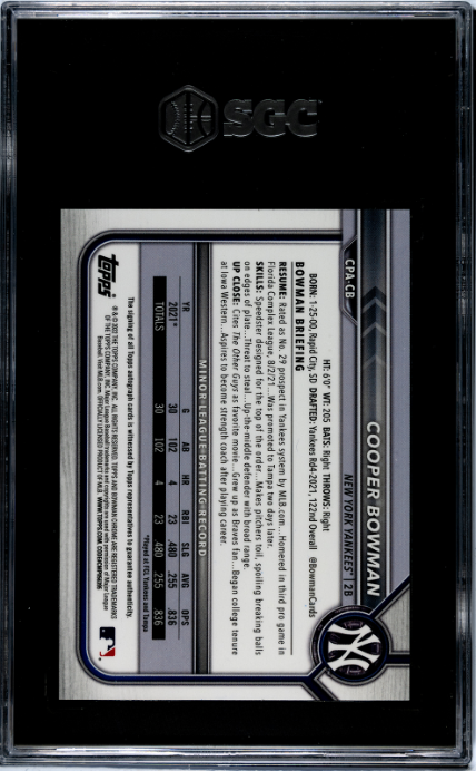 2022 Bowman Chrome #CPA-CB Cooper Bowman Autographed SGC 9.5 — Back