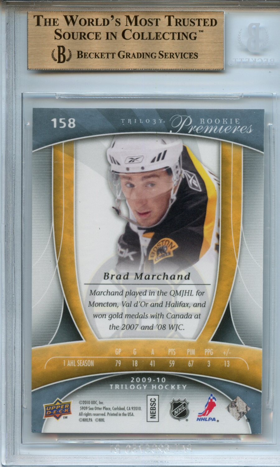 2009-10 Upper Deck Trilogy #158 Brad Marchand RC BGS 9.5 — Back