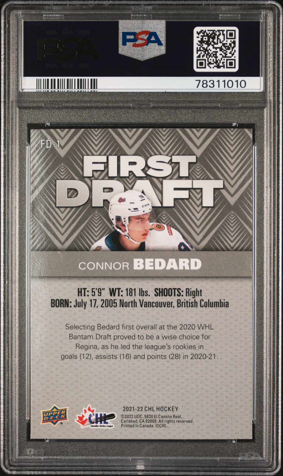 2021 Upper Deck CHL First Draft #FD1 Connor Bedard PSA 10 — Back