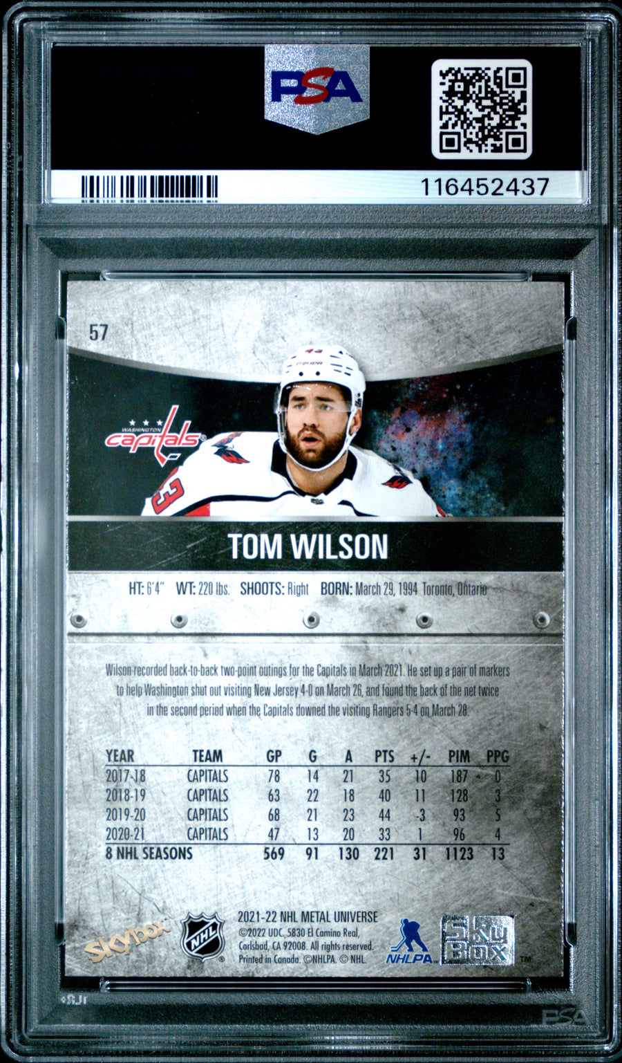 2021-2022 Skybox Metal Universe #57 Tom Wilson PSA 8 — Back