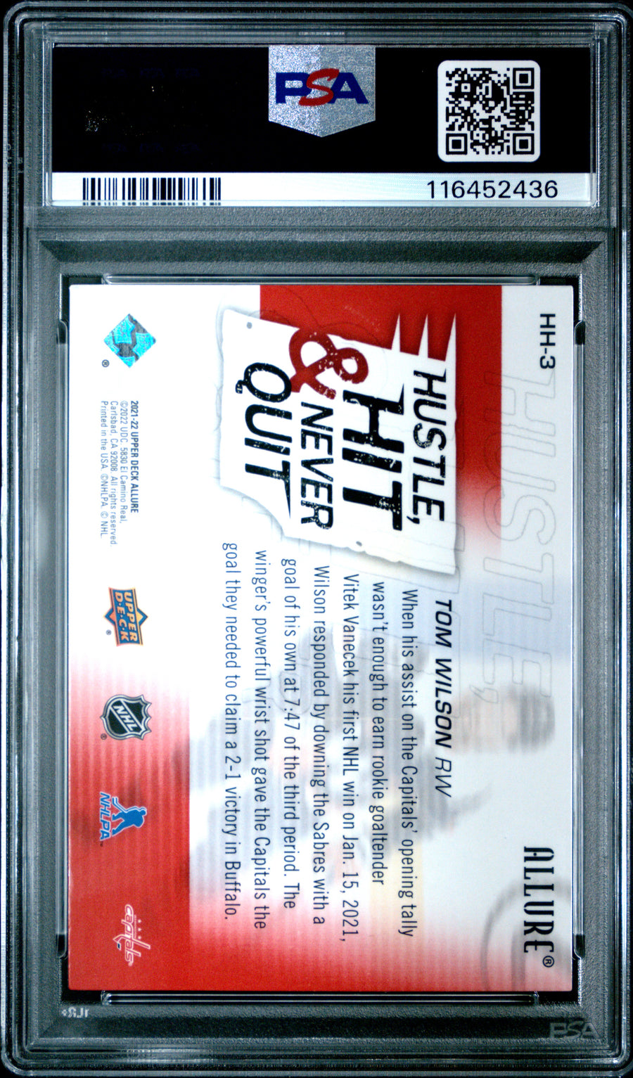 2021 Upper Deck Allure Hustle, Hit & Never Quit #HH3 Tom Wilson PSA 9 — Back