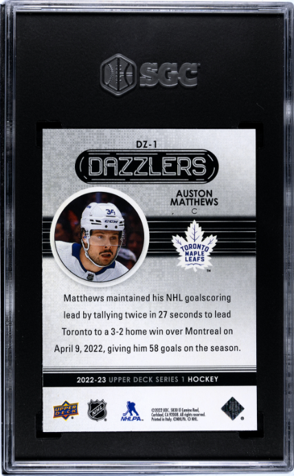 2022-23 Upper Deck #DZ-1 Auston Matthews Dazzlers Pink SGC 10 — Back