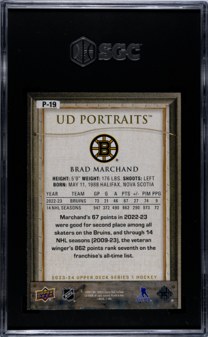 2023-24 Upper Deck #P-19 Brad Marchand Portraits SGC 10 — Back