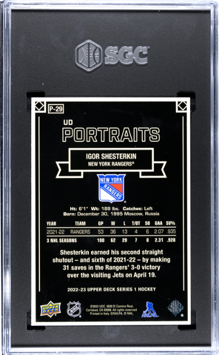 2022-23 Upper Deck #P-29 Igor Shesterkin Portraits SGC 9 — Back