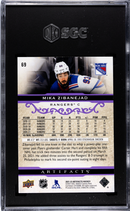 2021-22 Upper Deck Artifacts #69 Mika Zibanejad Purple SGC 9 — Back