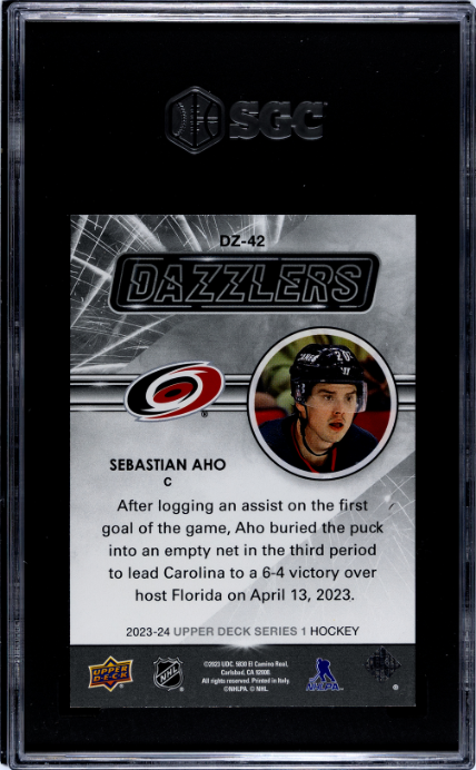 2023-24 Upper Deck #DZ-42 Sebastian Aho Dazzlers Orange SGC 10 — Back