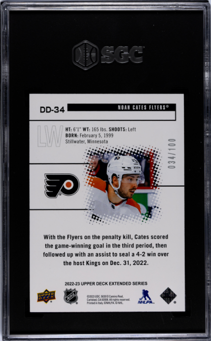 2022-23 Upper Deck #DD-34 Noah Cates Black Diamond Dominance Emerald RC SGC 9 — Back