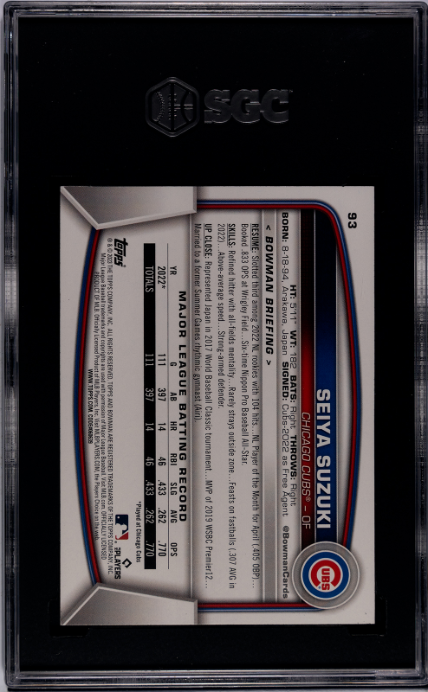 2023 Bowman #93 Seiya Suzuki Purple Pattern SGC 8.5 — Back