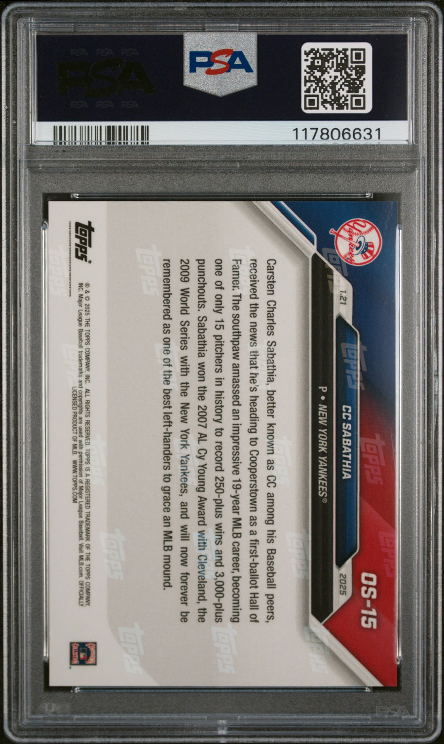 (3)2024 Topps Now Offseason #OS15 CC Sabathia PSA 10 — Back
