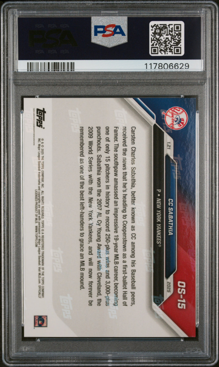 (4)2024 Topps Now Offseason #OS15 CC Sabathia PSA 10 — Back