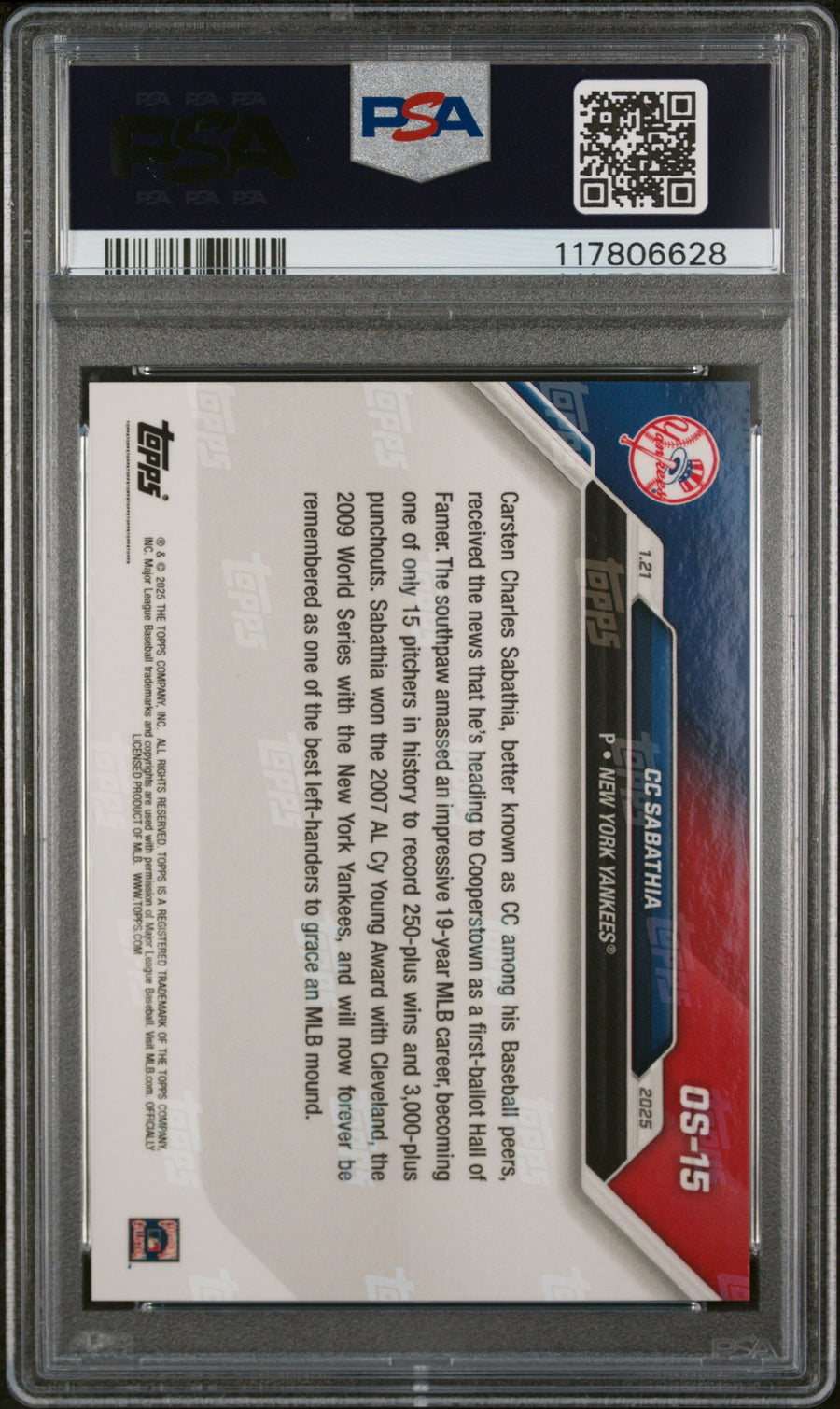 (5)2024 Topps Now Offseason #OS15 CC Sabathia PSA 10 — Back