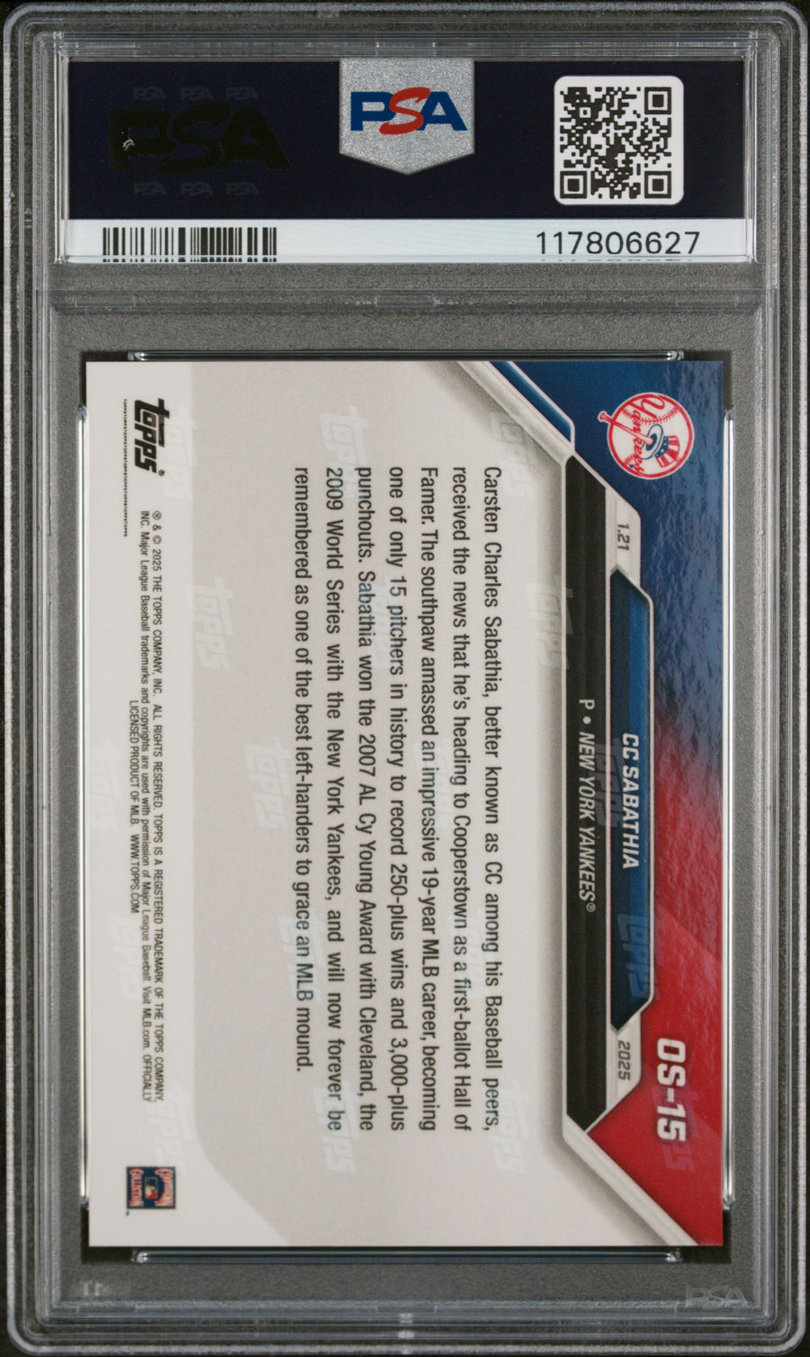 (6)2024 Topps Now Offseason #OS15 CC Sabathia PSA 10 — Back