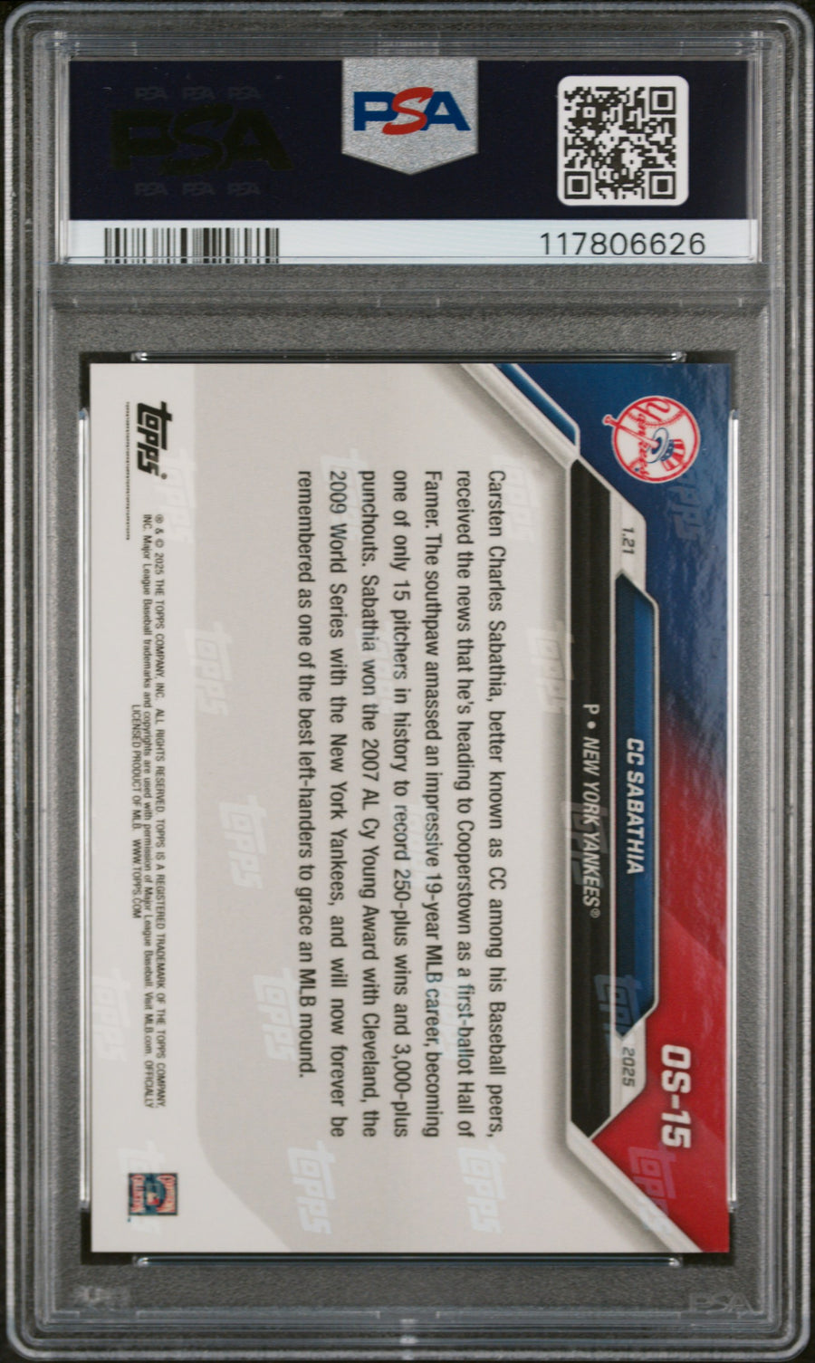 (7)2024 Topps Now Offseason #OS15 Cc Sabathia PSA 10 — Back