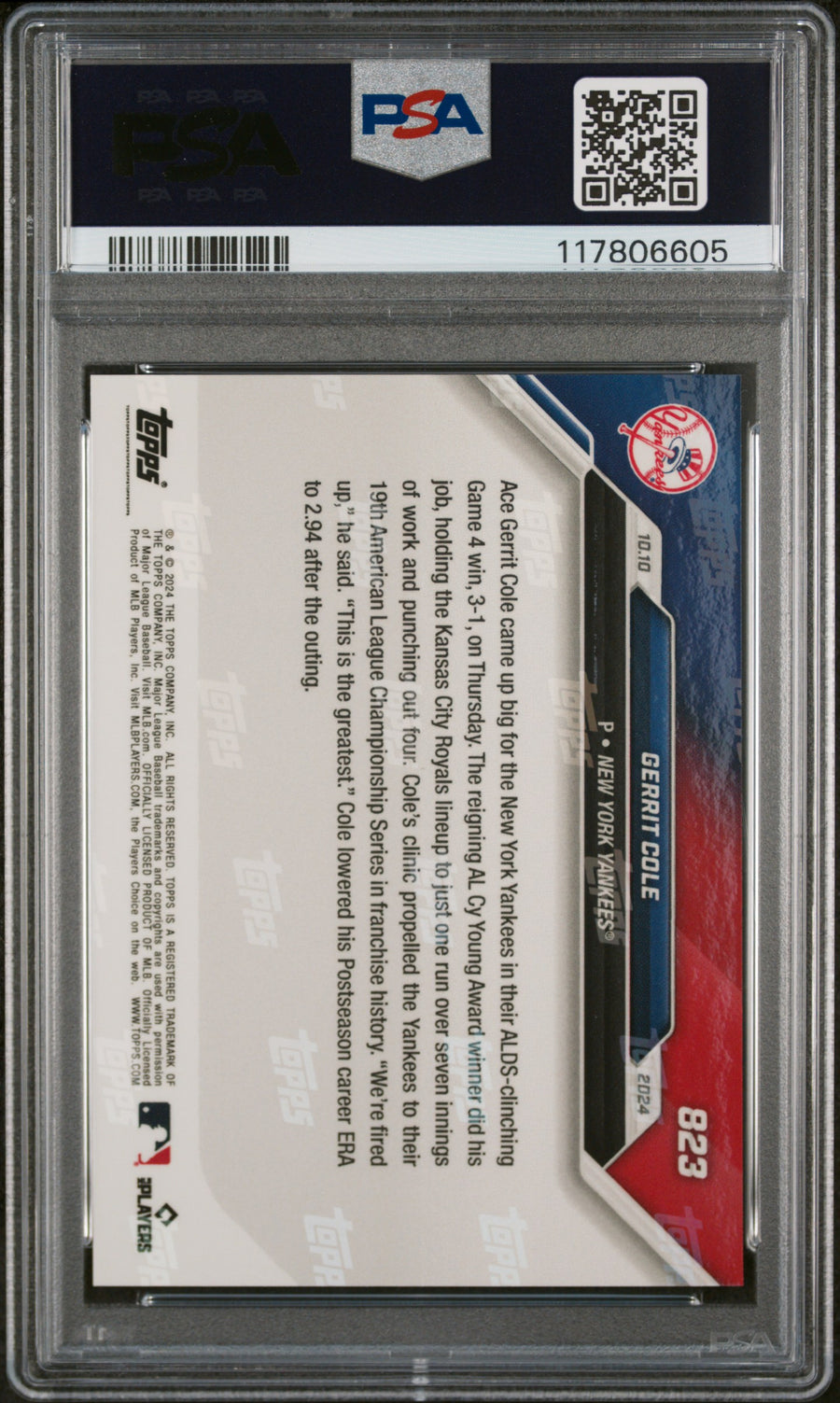 2024 Topps Now #823 Gerrit Cole PSA 10 — Back