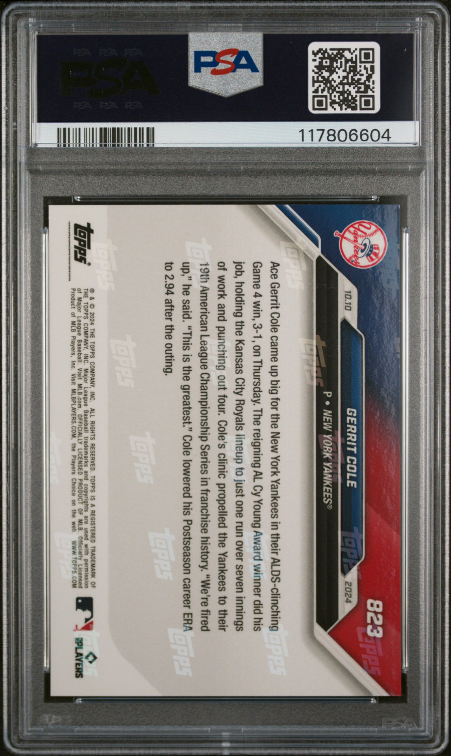 (1)2024 Topps Now #823 Gerrit Cole PSA 10 — Back