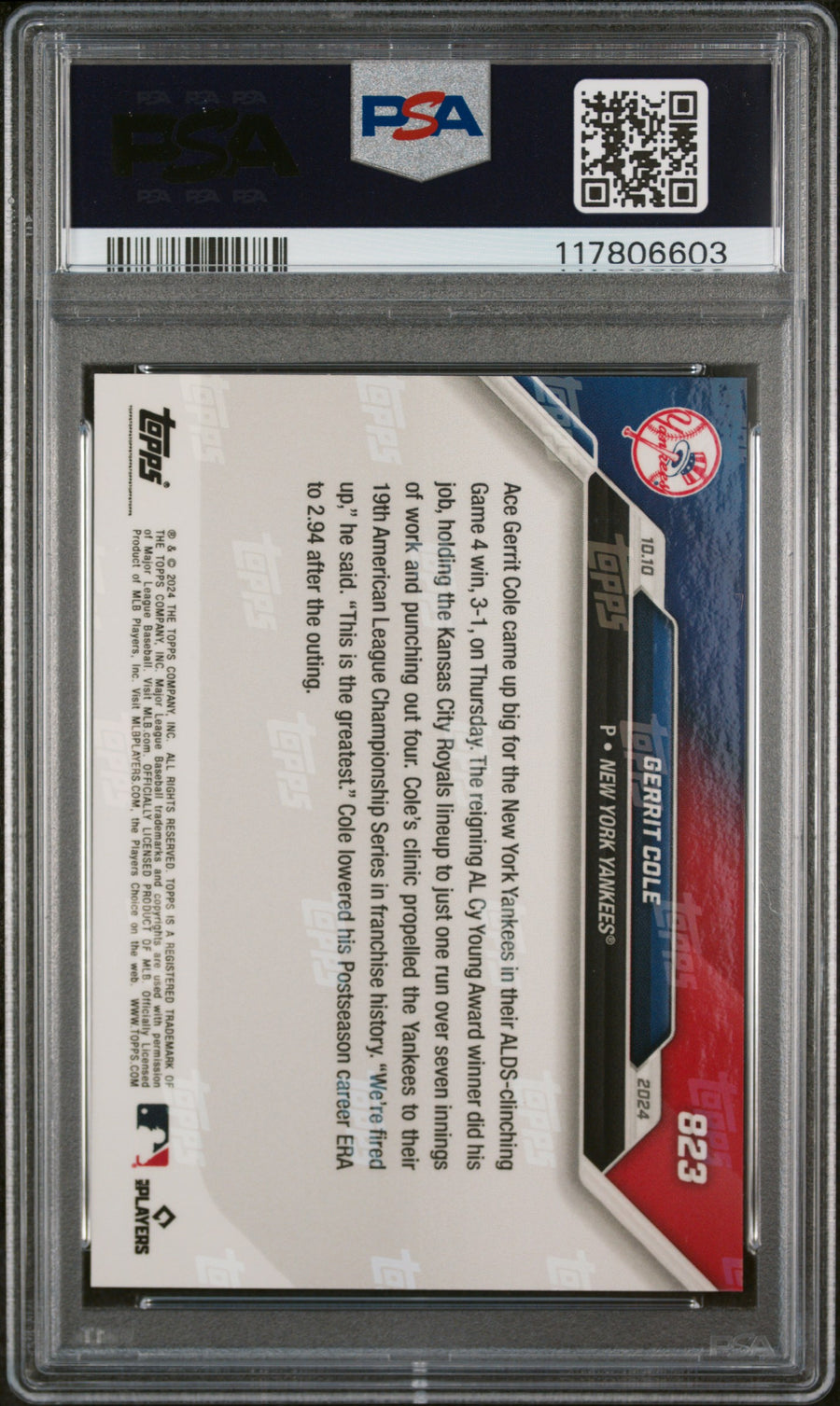 (2)2024 Topps Now #823 Gerrit Cole PSA 10 — Back