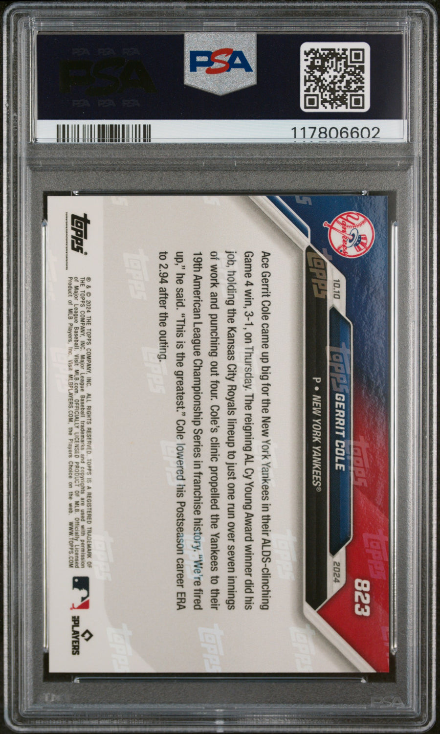 (3)2024 Topps Now #823 Gerrit Cole PSA 10 — Back
