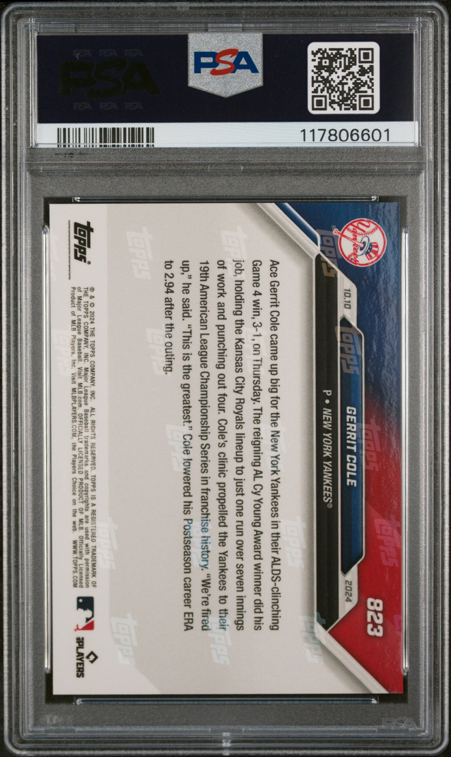 (4)2024 Topps Now #823 Gerrit Cole PSA 10 — Back