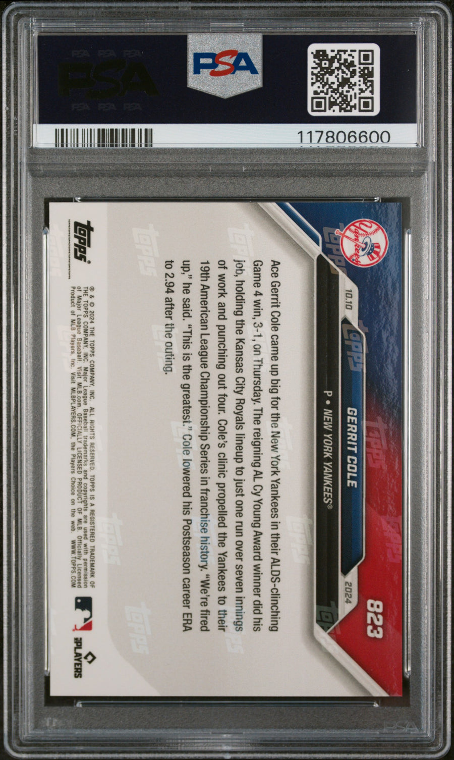(5)2024 Topps Now #823 Gerrit Cole PSA 10 — Back