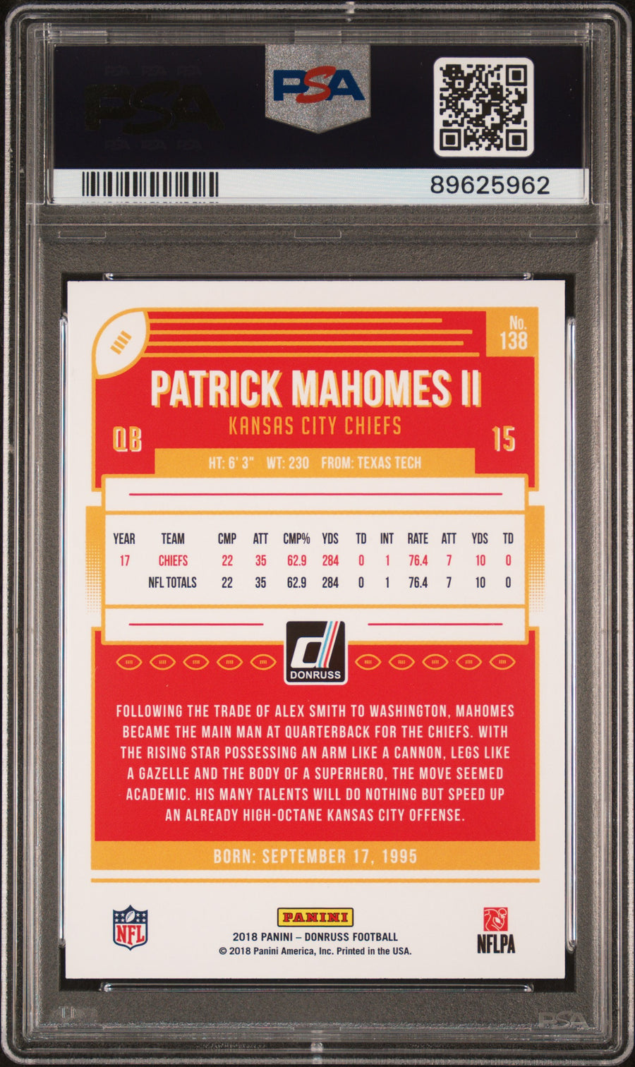 2018 Panini Donruss #138 Patrick Mahomes II PSA 10 — Back