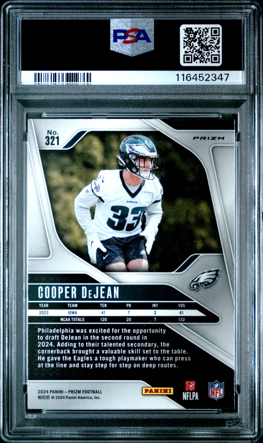 2024 Panini Prizm #321 Cooper Dejean Silver Prizm RC PSA 10 — Back