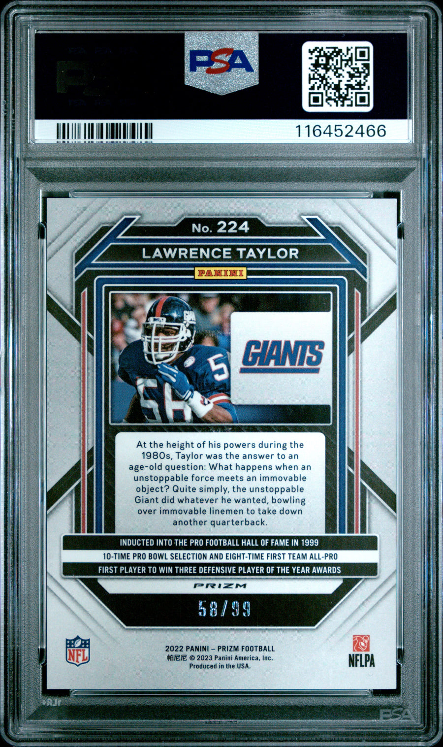 2022 Panini Prizm #224 Lawrence Taylor Blue Ice PSA 10 — Back