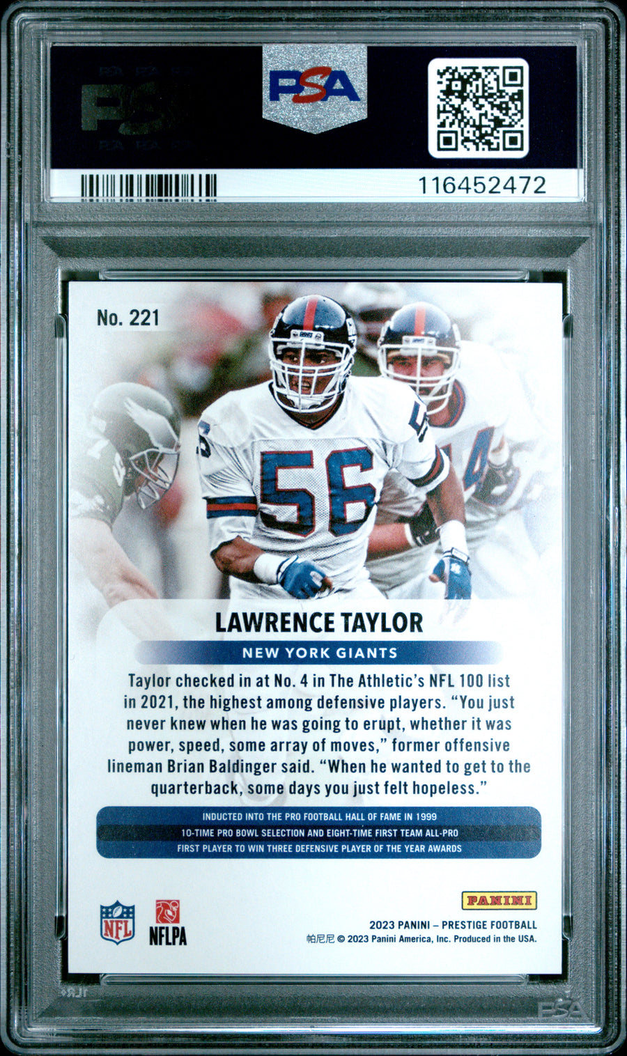 2023 Panini Prestige #221 Lawrence Taylor Gold Premium Xtra Points PSA 9 — Back