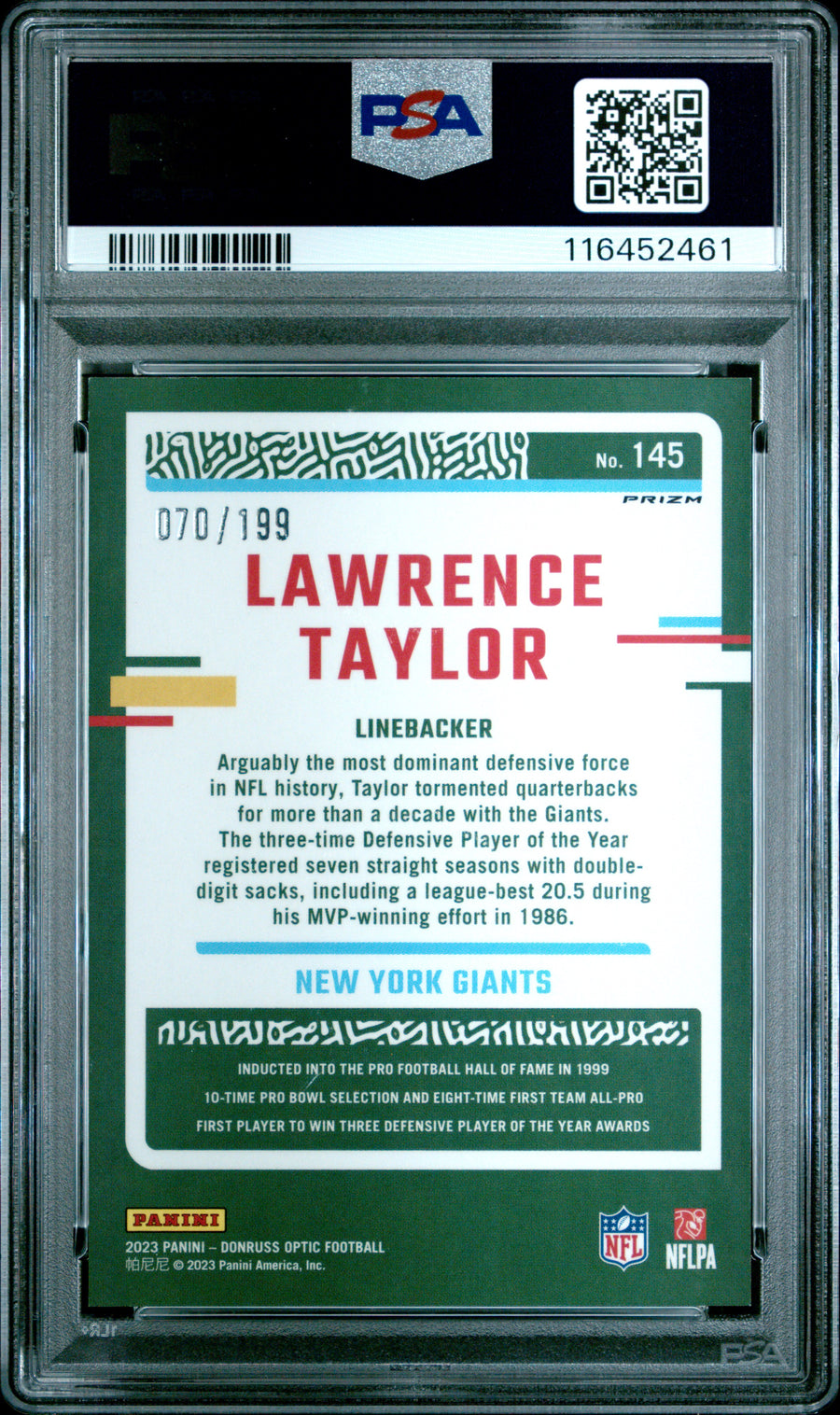 2023 Panini Donruss Optic #145 Lawrence Taylor Blue PSA 7 — Back