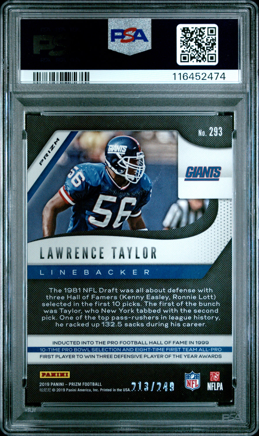 2019 Panini Prizm #293 Lawrence Taylor Orange Prizm PSA 8 — Back