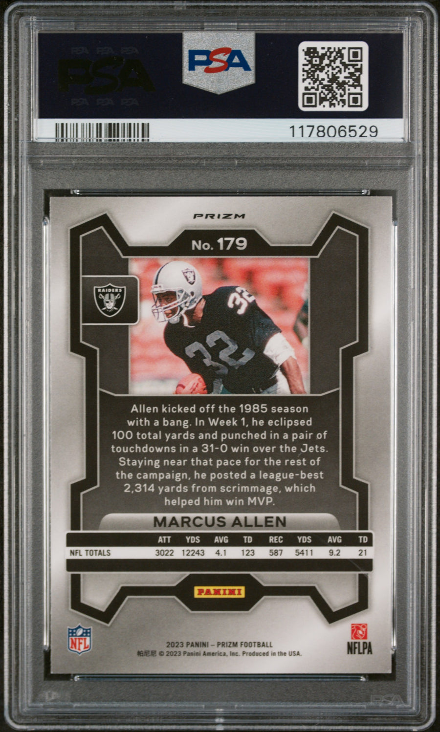 2023 Panini Prizm #179 Marcus Allen Red/White/Blue Prizm PSA 9 — Back