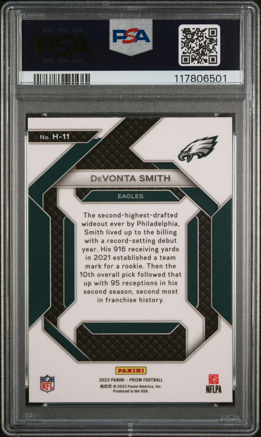 2023 Panini Prizm Emergent #H11 Devonta Smith PSA 10 — Back