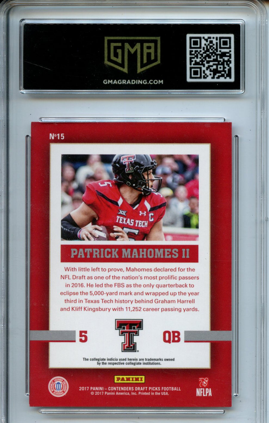 2017 Panini Contenders Draft Picks #15 Patrick Mahomes II School Colors Rookie GMA 9 — Back