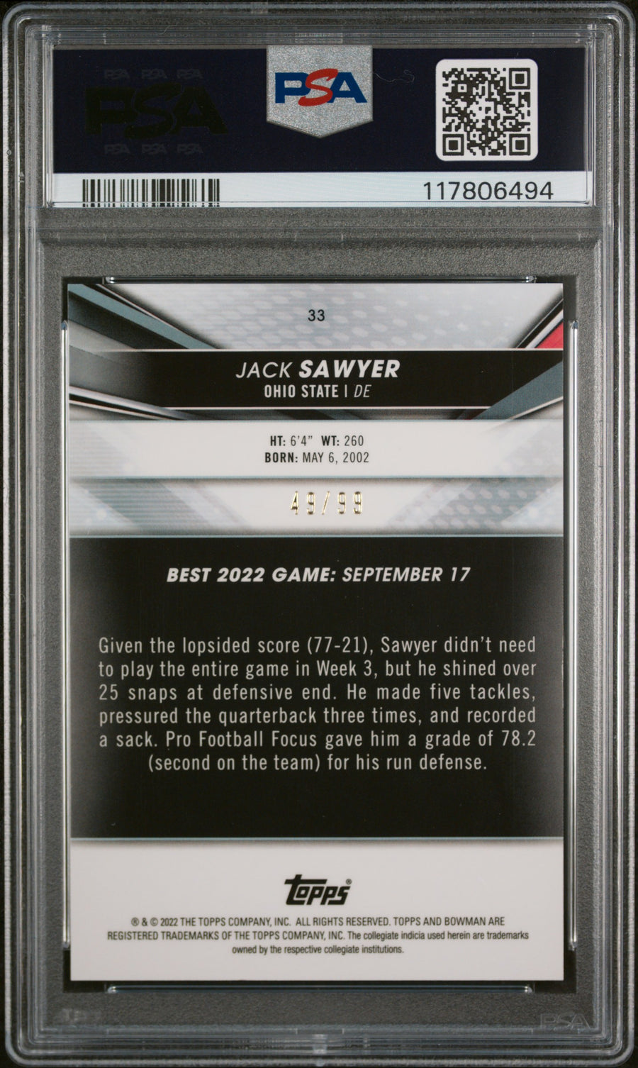 2022 Bowman'S Best University #33 Jack Sawyer Green Refractor PSA 10 — Back