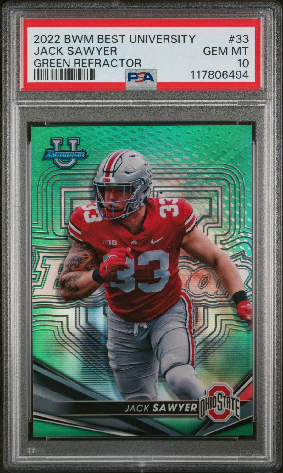 2022 Bowman'S Best University #33 Jack Sawyer Green Refractor PSA 10 — Front