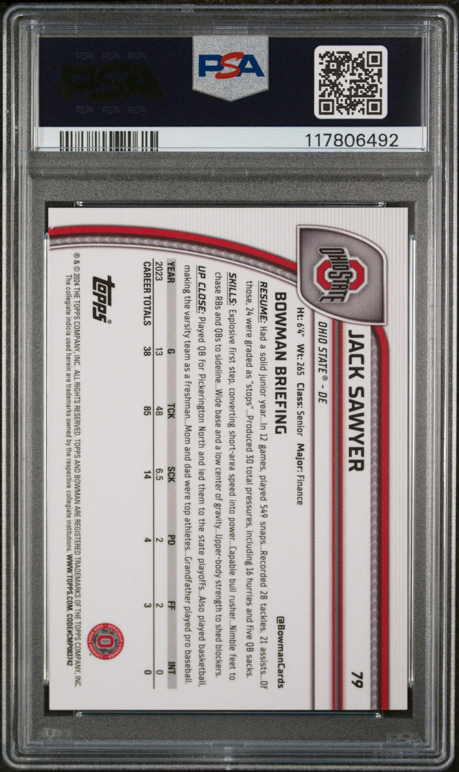 2024 Bowman University Chrome #79 Jack Sawyer Yellow Refractor PSA 9 — Back