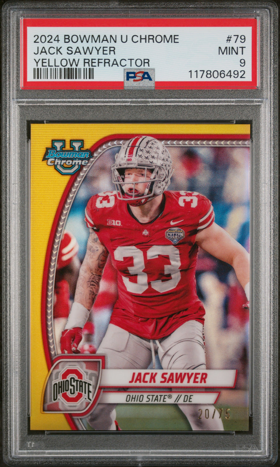 2024 Bowman University Chrome #79 Jack Sawyer Yellow Refractor PSA 9 — Front