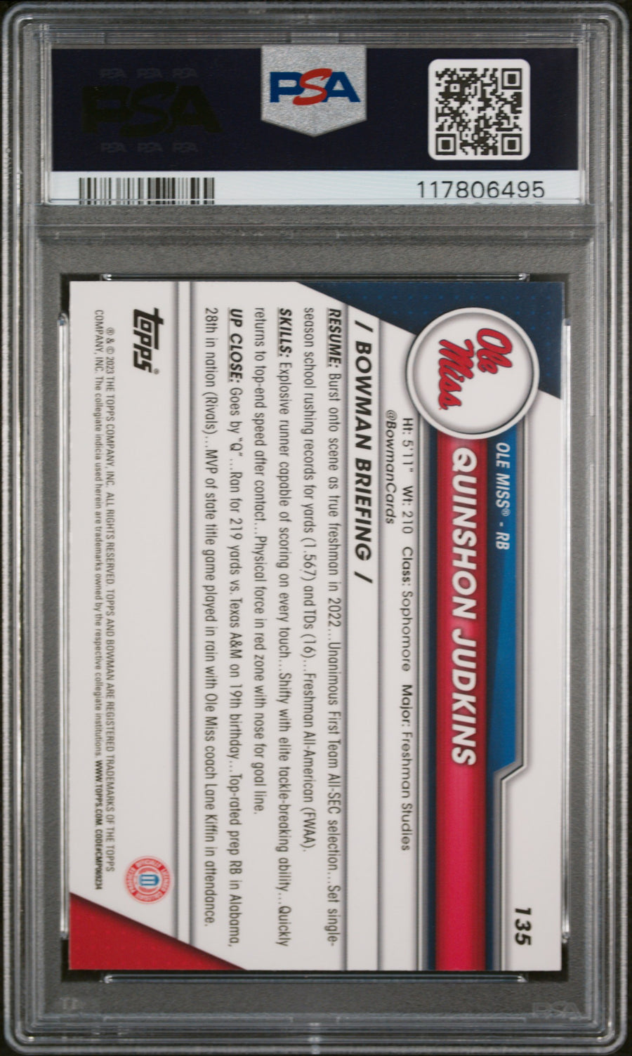 2023 Bowman University Chrome Sapphire #135 Quinshon Judkins PSA 9 — Back