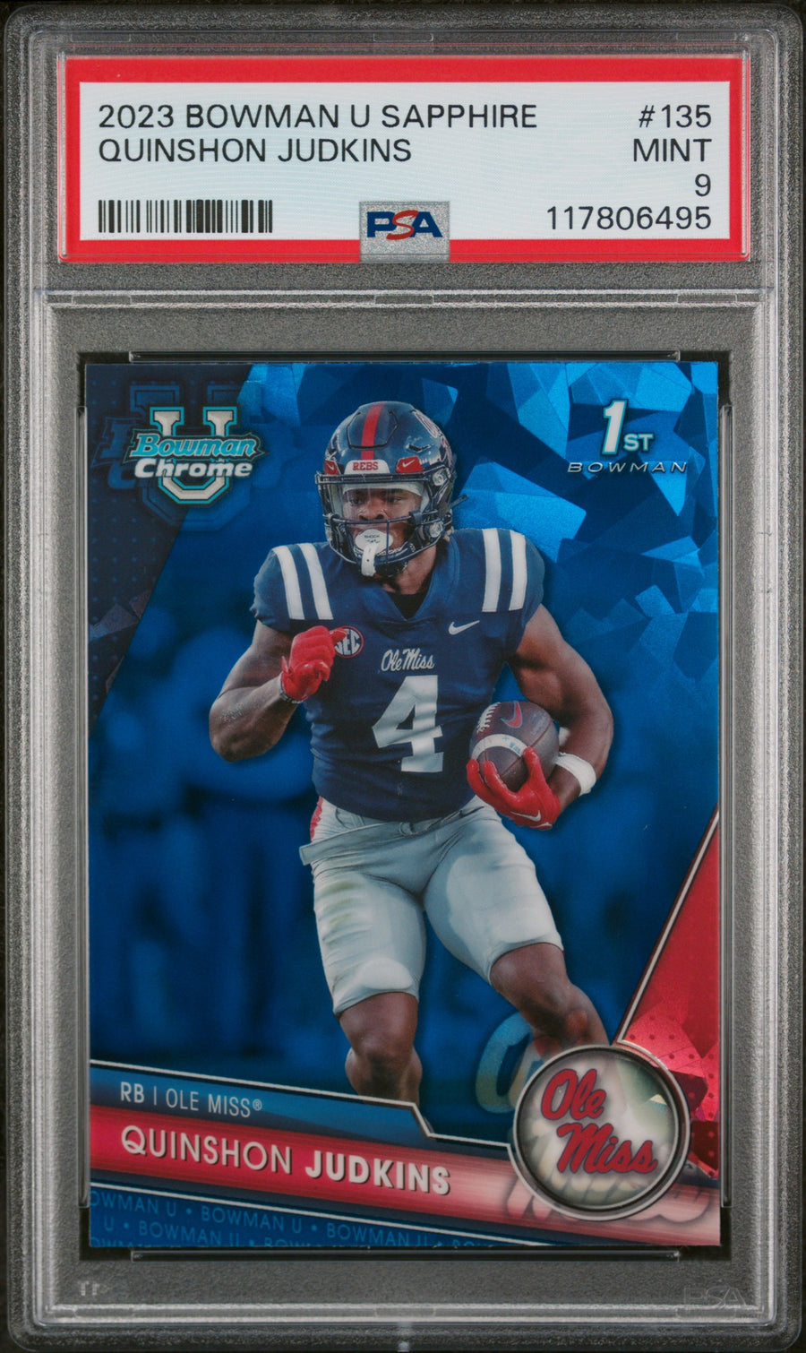 2023 Bowman University Chrome Sapphire #135 Quinshon Judkins PSA 9 — Front
