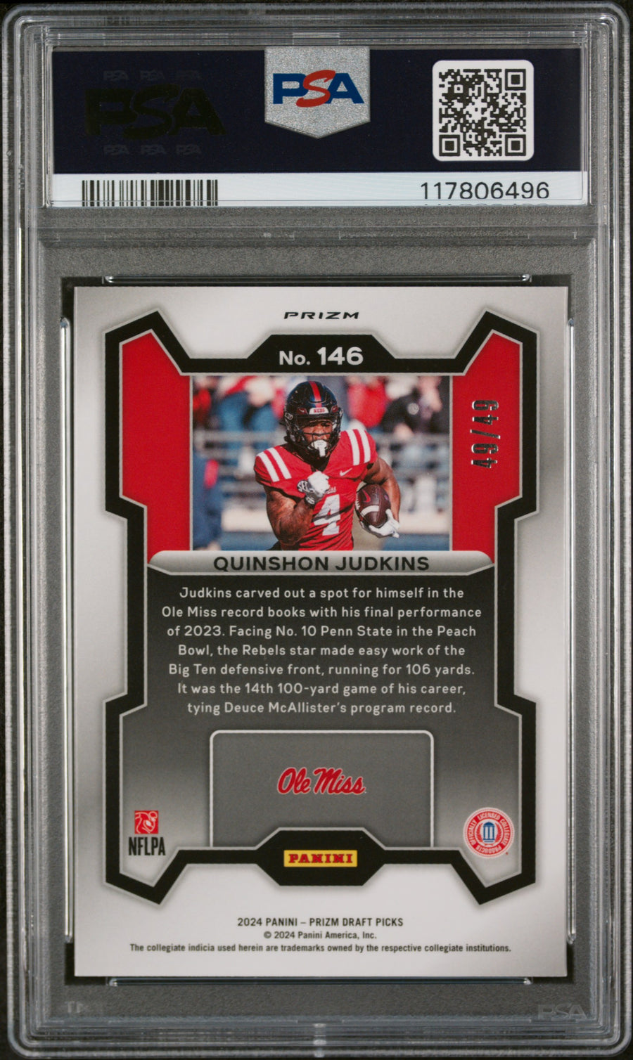 2024 Panini Prizm Draft Picks #146 Quinshon Judkins Orange Pulsar RC PSA 9 — Back