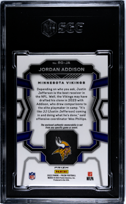 2023 Panini Prizm #RG-JA Jordan Addison Rookie Gear RC SGC 9.5 — Back